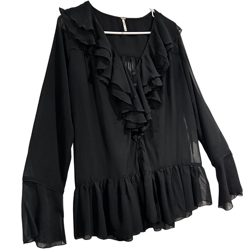Free People Callie Sheer Black Tunic Peasant Blouse Oversized XS Lagenlook - Picture 2 of 9
